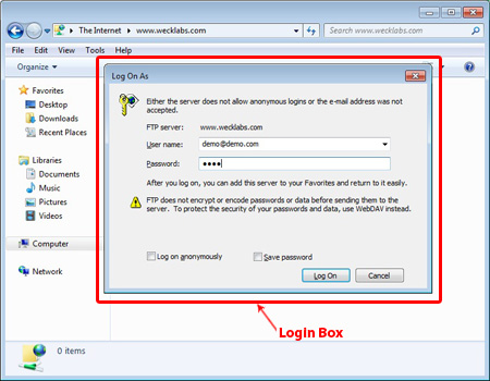 Logging onto FTP server using Windows Explorer